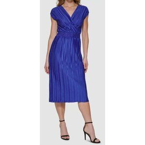 DKNY Blue Women Dress Size 12 Shift Midi Smocked Shutter Pleat Cap Sleeve New